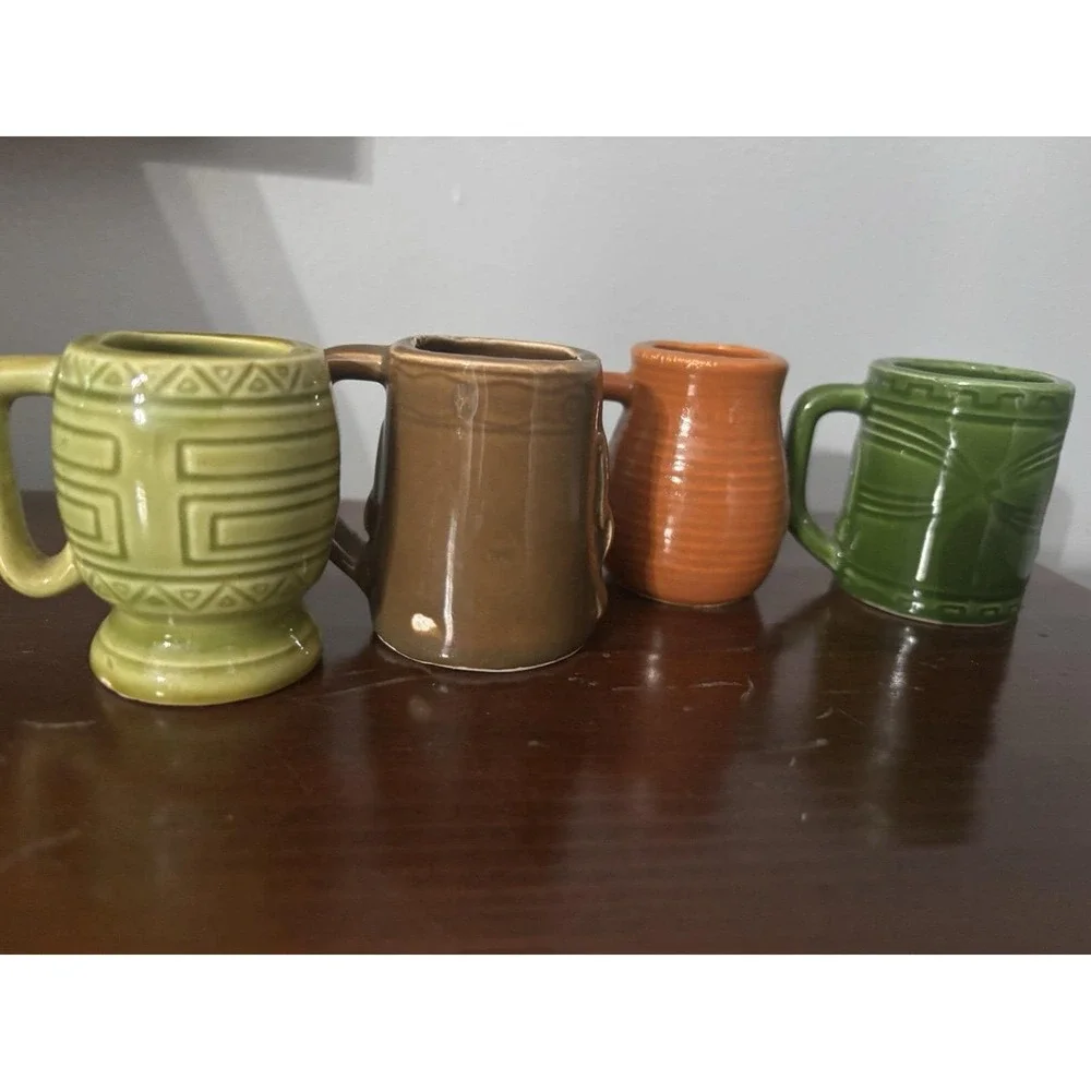 Vintage 4Pc Miniature Tiki Mask Face Mugs Shot Glasses Planters Holders